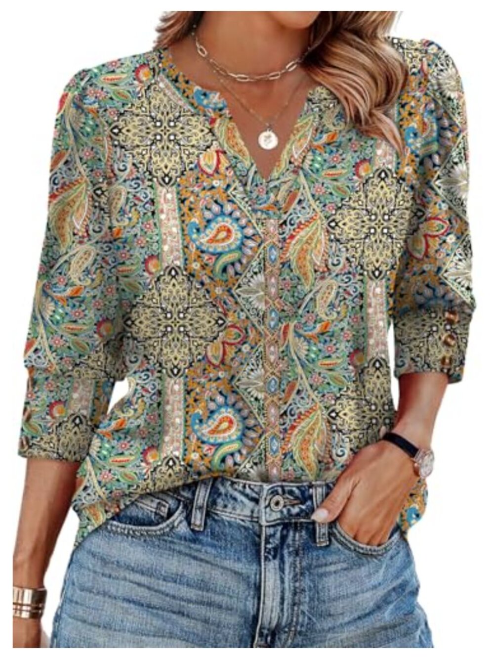 Womens 3/4 Sleeve V Neck Button Blouse Loose Fit Casual Summer Top